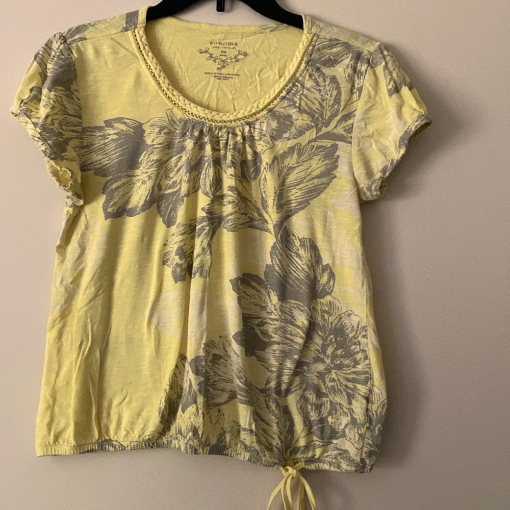 Women’s Sonoma large floral print peplum shirt top yellow gray petite medium